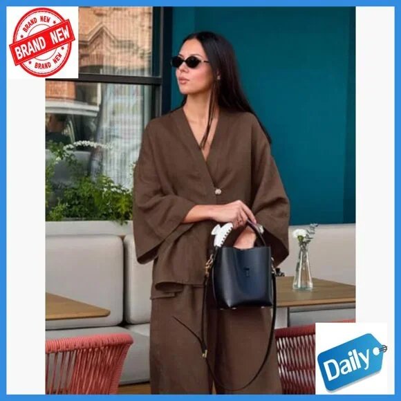 Large Cotton 2-Piece Outfit Batwing Sleeve Top Wide Leg Pants Tracksuit - Picture 2 of 5